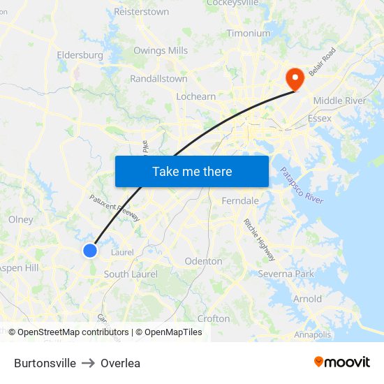 Burtonsville to Overlea map