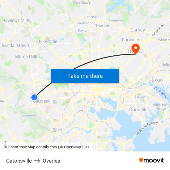 Catonsville to Overlea map