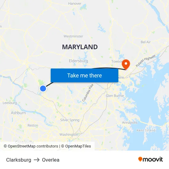 Clarksburg to Overlea map