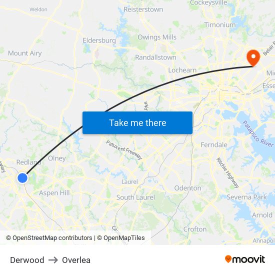 Derwood to Overlea map