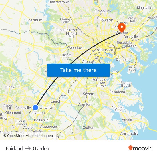 Fairland to Overlea map