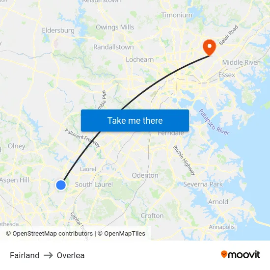 Fairland to Overlea map