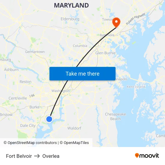 Fort Belvoir to Overlea map