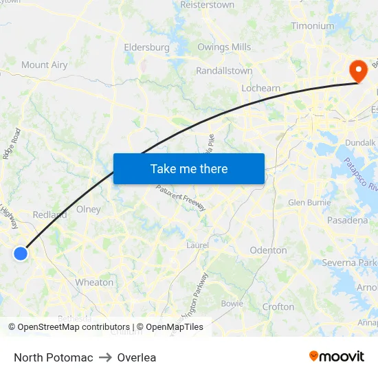 North Potomac to Overlea map