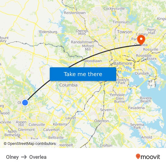 Olney to Overlea map
