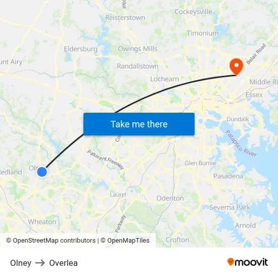 Olney to Overlea map