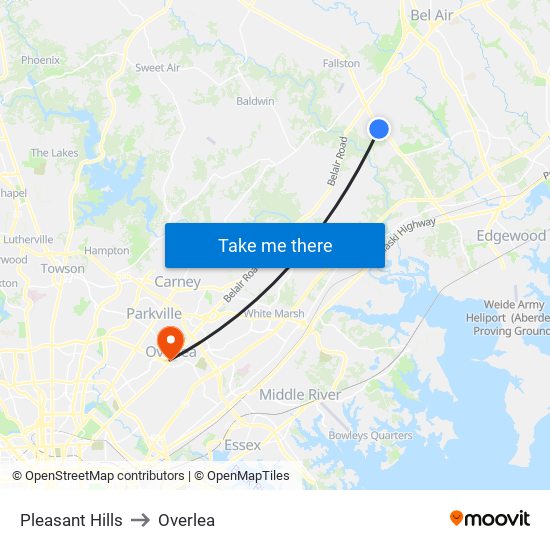 Pleasant Hills to Overlea map