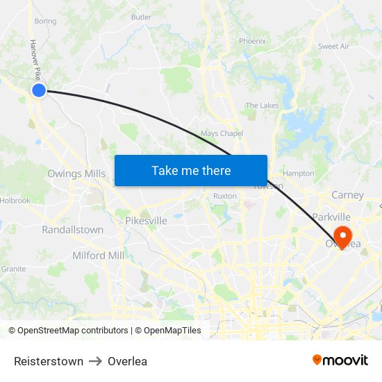 Reisterstown to Overlea map