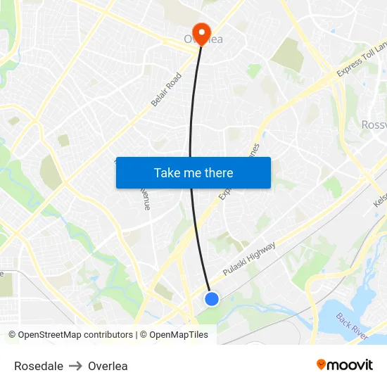 Rosedale to Overlea map