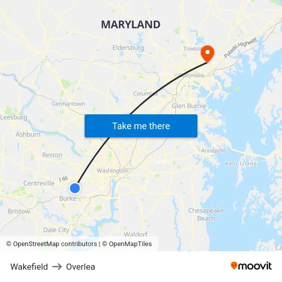 Wakefield to Overlea map