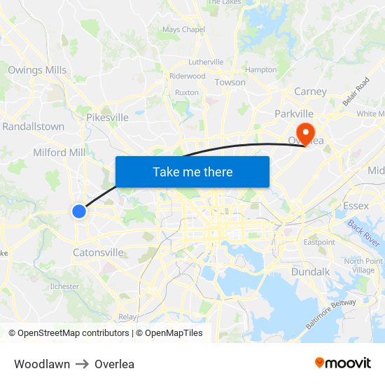 Woodlawn to Overlea map