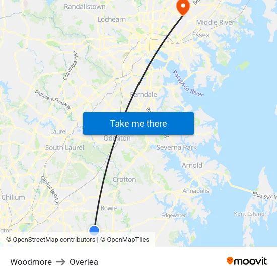 Woodmore to Overlea map