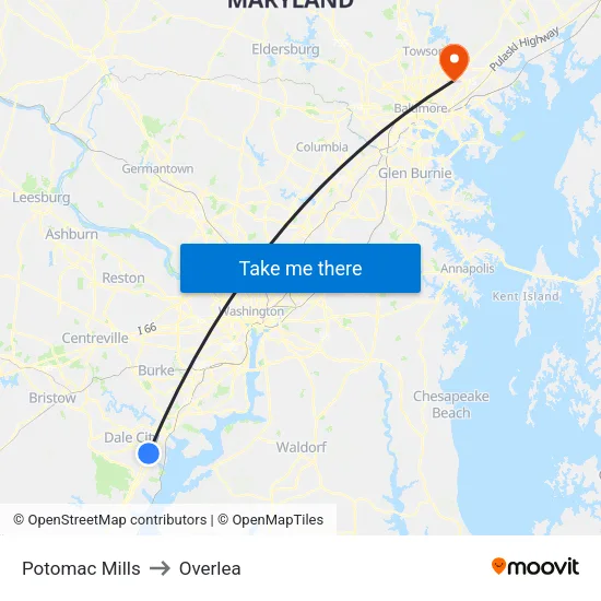 Potomac Mills to Overlea map