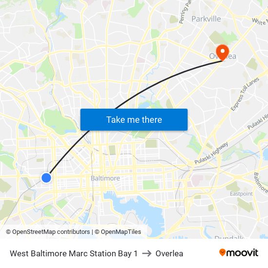 West Baltimore Marc Station Bay 1 to Overlea map