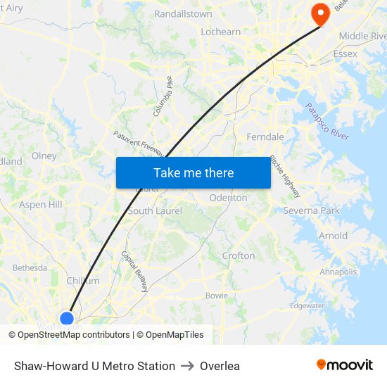 Shaw-Howard U Metro Station to Overlea map