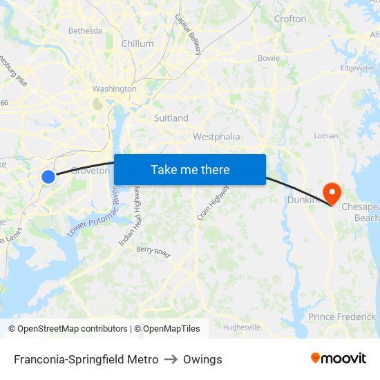 Franconia-Springfield Metro to Owings map