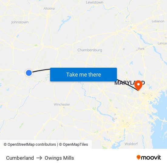 Cumberland to Owings Mills map