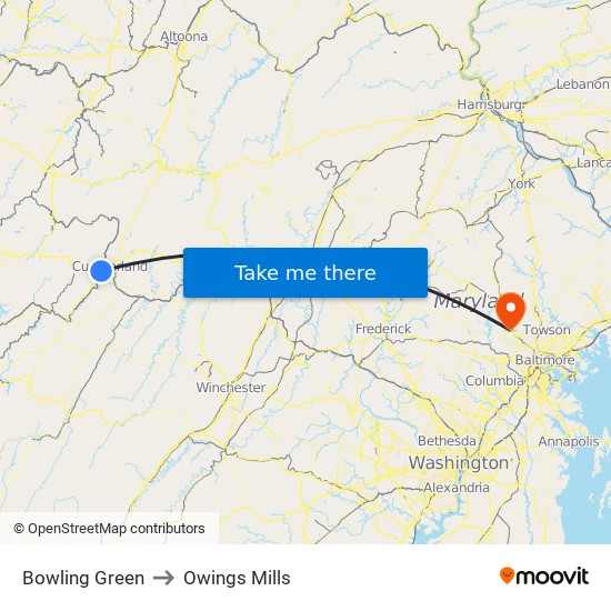 Bowling Green to Owings Mills map