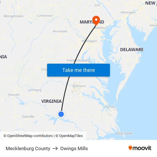 Mecklenburg County to Owings Mills map