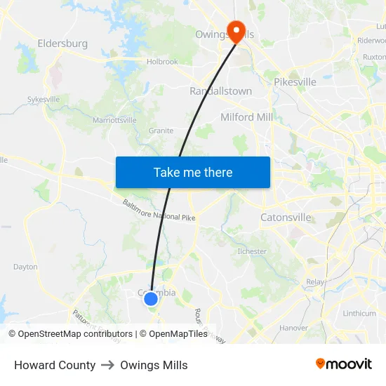 Howard County to Owings Mills map