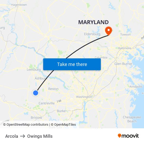 Arcola to Owings Mills map