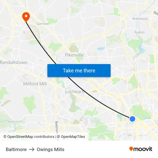 Baltimore to Owings Mills map