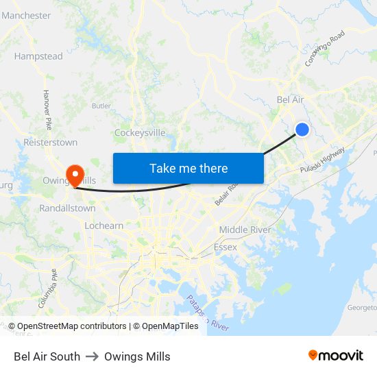 Bel Air South to Owings Mills map