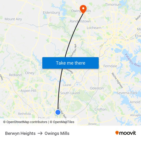 Berwyn Heights to Owings Mills map