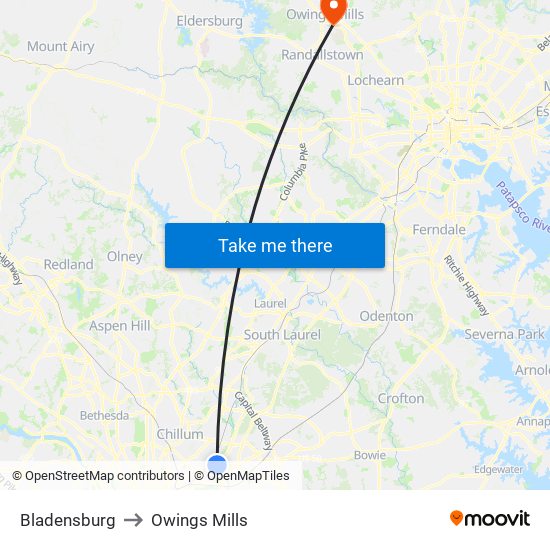 Bladensburg to Owings Mills map