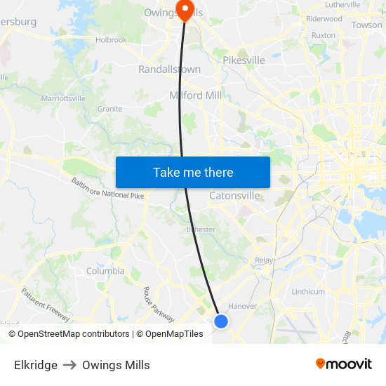 Elkridge to Owings Mills map