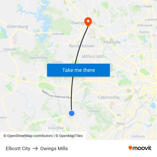 Ellicott City to Owings Mills map