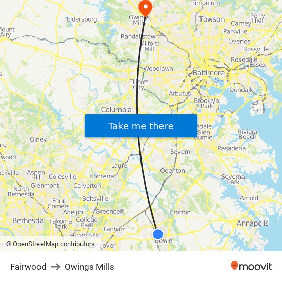 Fairwood to Owings Mills map