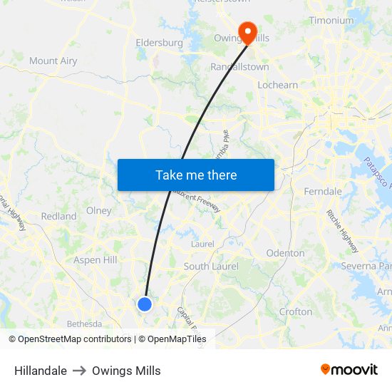 Hillandale to Owings Mills map