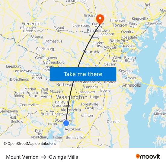 Mount Vernon to Owings Mills map