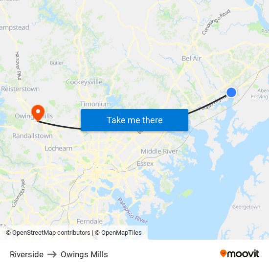 Riverside to Owings Mills map