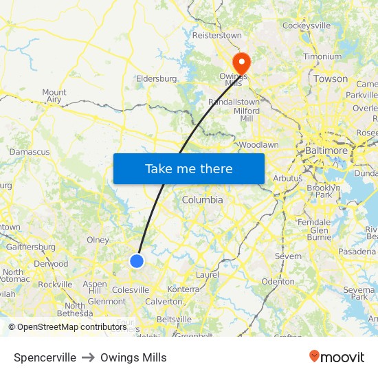 Spencerville to Owings Mills map