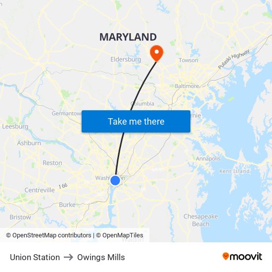 Union Station to Owings Mills map