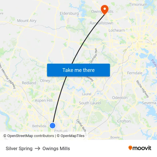 Silver Spring to Owings Mills map