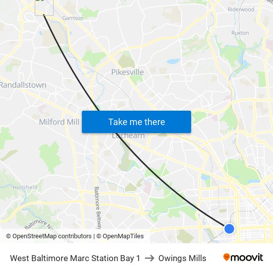 West Baltimore Marc Station Bay 1 to Owings Mills map