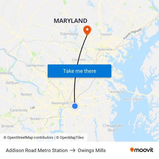 Addison Road Metro Station to Owings Mills map