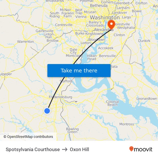 Spotsylvania Courthouse to Oxon Hill map