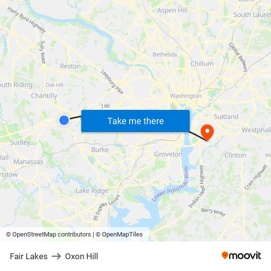 Fair Lakes to Oxon Hill map