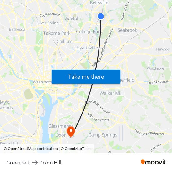 Greenbelt to Oxon Hill map