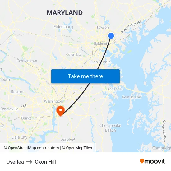 Overlea to Oxon Hill map