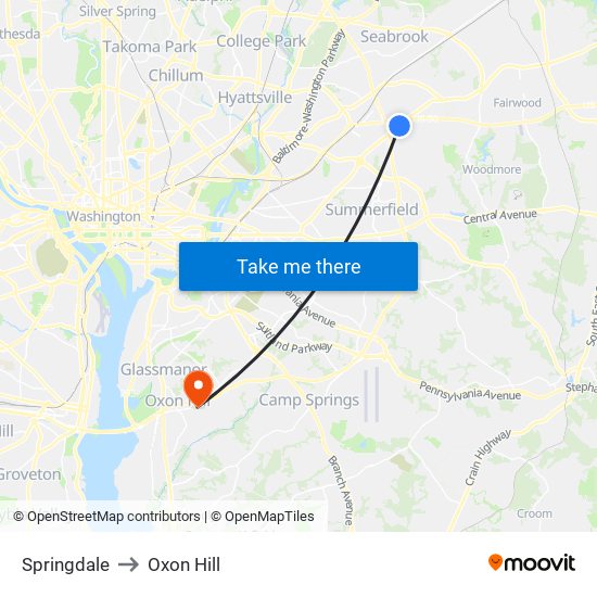 Springdale to Oxon Hill map
