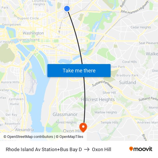 Rhode Island Ave-Brentwood+Bay D to Oxon Hill map