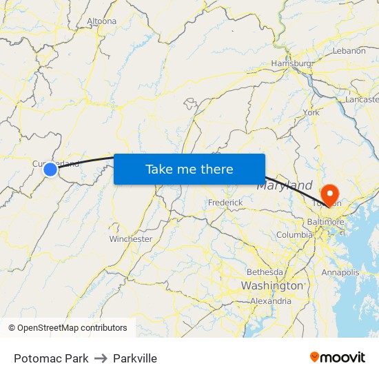 Potomac Park to Parkville map