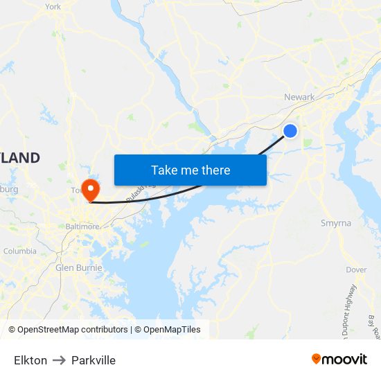 Elkton to Parkville map