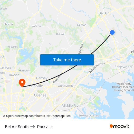 Bel Air South to Parkville map