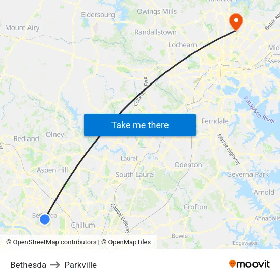 Bethesda to Parkville map